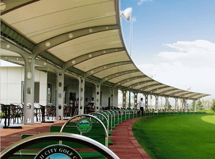  【高爾夫球場膜結構雨棚設計】美觀PTFE休閑區張拉膜遮陽蓬定制